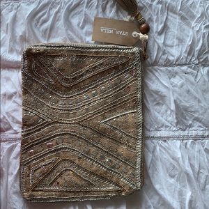 MUKTI Embroidered Clutch in Natural & Metallic